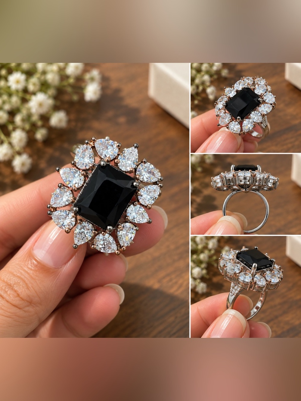 Vintage-Inspired Black Crystal Halo Cocktail Ring